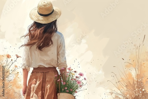 Fototapeta Naklejka Na Ścianę i Meble -  A woman dressed in a white blouse and skirt holds flowers in a summer setting, illustrated in watercolor