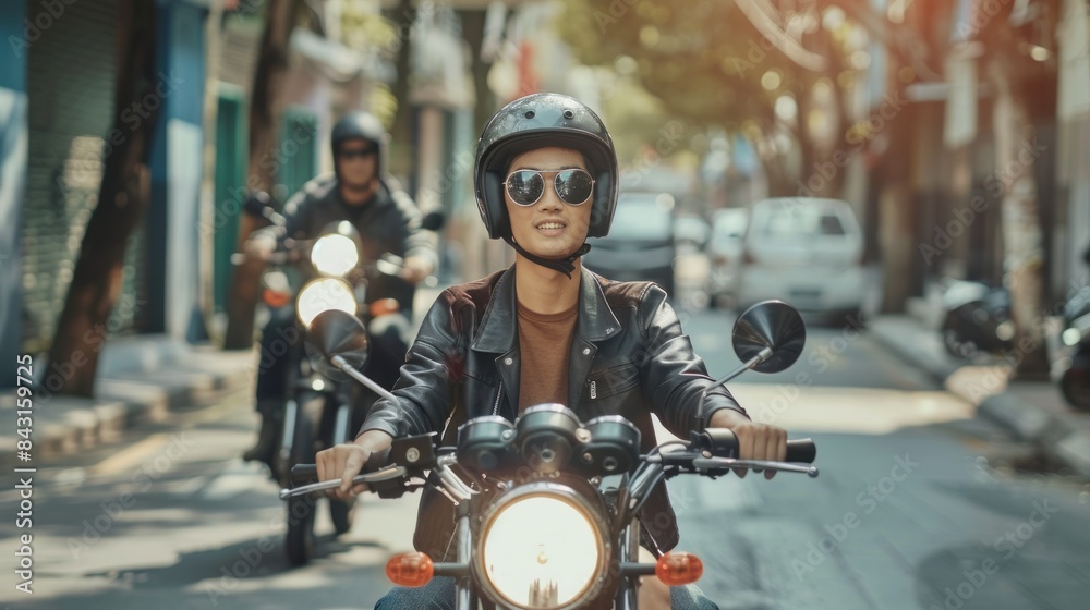 Two people on motorcycles are riding down a road with the sun shining on them Two people on motorcycles are riding down a road with the sun shining on them
