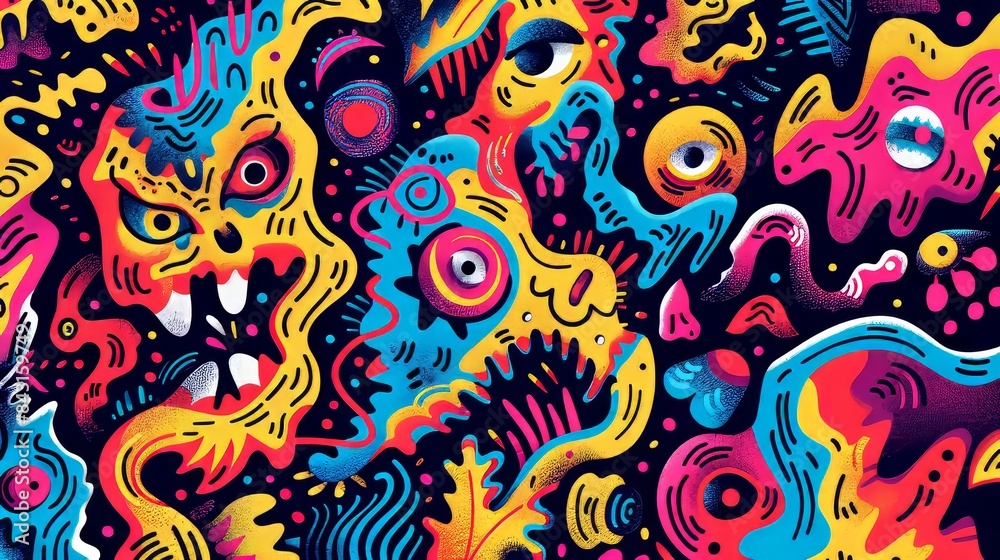 Abstract Colorful Pattern With Monster Faces Abstract Colorful Pattern With Monster Faces