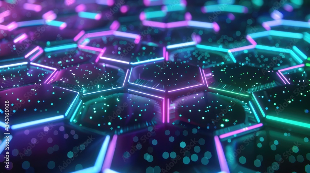 Fototapeta premium Interlocking 3D hexagonal pattern with pulsating neon green and purple light, set against a dark starry background. 3D futuristic style pattern