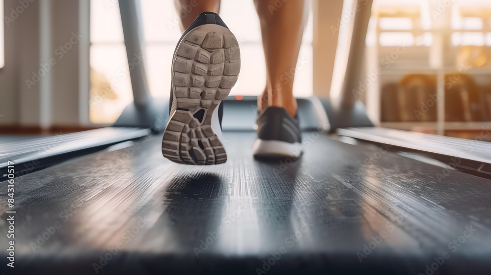 A young woman is running on a treadmill. She is wearing black sneakers and black and gray leggings. The treadmill is in a gym. A young woman is running on a treadmill. She is wearing black sneakers and black and gray leggings. The treadmill is in a gym.
