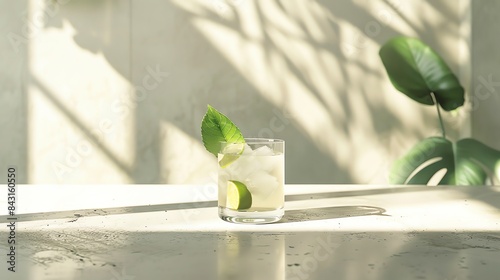 Refreshing and delicious sparkling water with lime and mint leaves. Perfect for a hot summer day. photo
