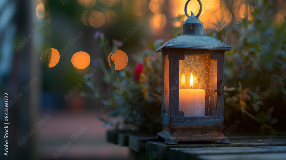 Lantern with Candle Lit in Evening Garden