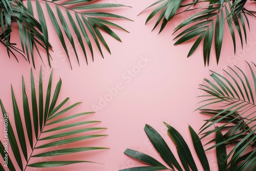 A pink background with green palm leaves in the corners  in a flat lay style. The space is left empty for text or product placement.