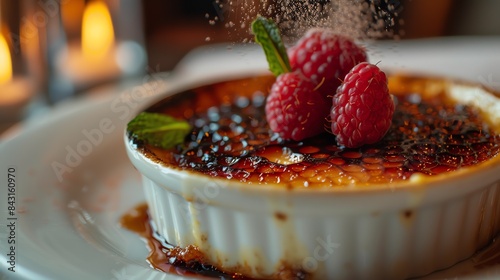 A close-up image of a crÃ¨me brÃ»lÃ©e with fresh raspberries and mint. photo