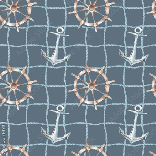 Ship's anchor and rudder with a net seamless pattern. Marine ornament. Cruise. Watercolor illustration for background design, packaging, wallpaper, textile