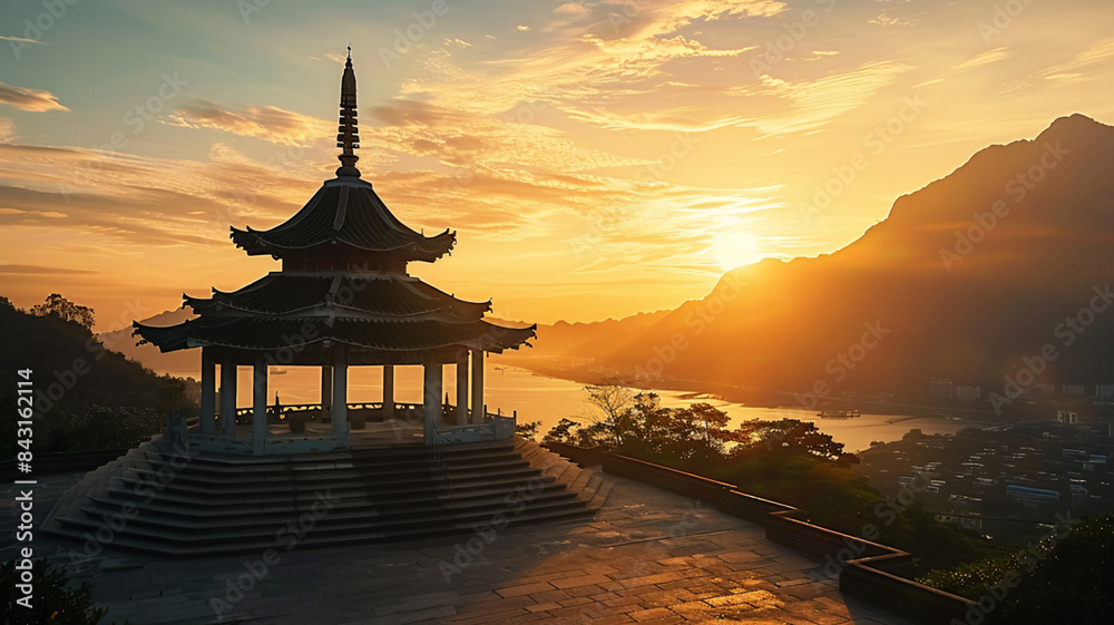 Fototapeta premium Ancient pagoda stands tall bathed in sunsets beauty, AI Generative.