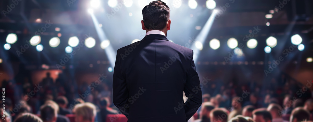 Speaker at a business conference, captured from the rear with bright spotlights Speaker at a business conference, captured from the rear with bright spotlights