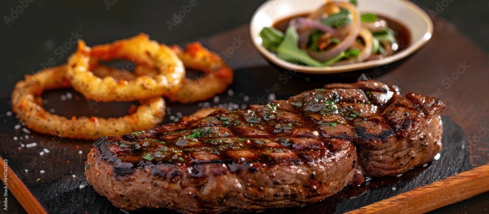 Steak with peppercorn sauce and onion rings Steak with peppercorn sauce and onion rings