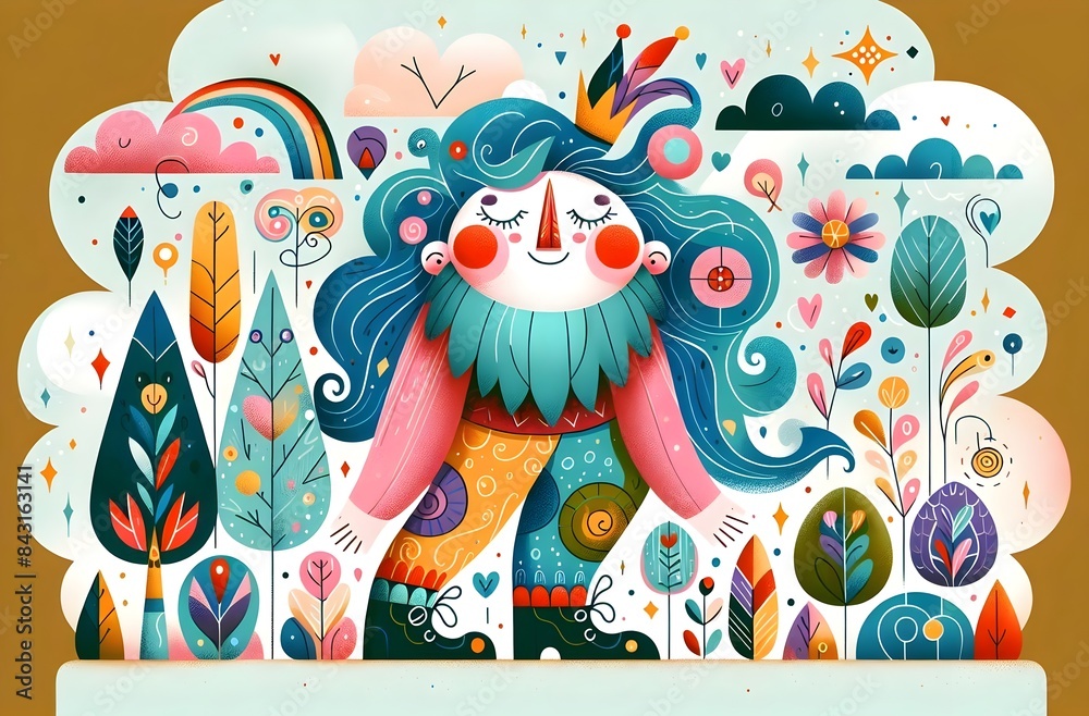 Naklejka premium Ilustración infantil. seres mágicos, seres fantásticos, cuento de hadas, cuento infantil, ilustración, storybook, rey, reyes, giant, gigante, fantasía, variopinto, ilustración, arte, dibujos animados