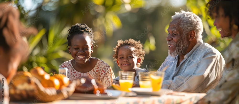 A joyful family shares a meal and laughter at a park picnic A joyful family shares a meal and laughter at a park picnic