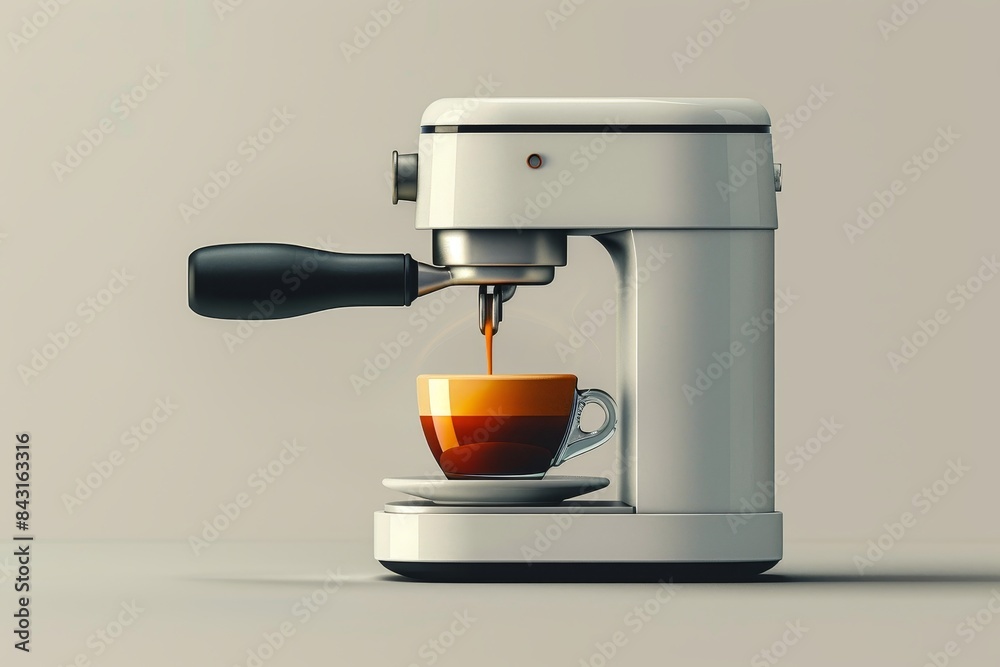 High-quality 3D illustration of an espresso machine pouring coffee into a cup on a neutral background High-quality 3D illustration of an espresso machine pouring coffee into a cup on a neutral background