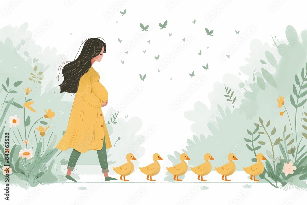Soft digital illustration of a girl in a yellow coat with ducks in a springtime grassy field Soft digital illustration of a girl in a yellow coat with ducks in a springtime grassy field