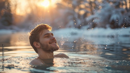 Young man soaks in the winter lake at morning photo