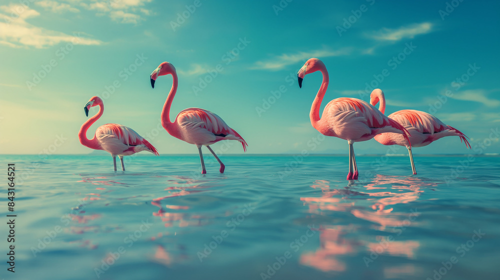 Obraz premium pink flamingos in the blue water , blue sky 