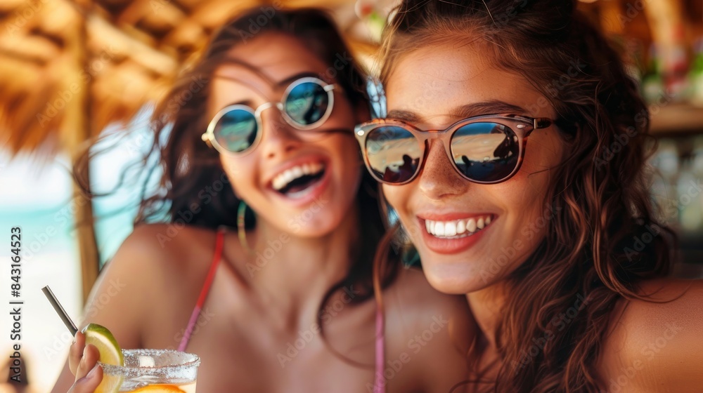 Happy beautiful women with sunglasses at sunny beach bar. summer vacation concept Happy beautiful women with sunglasses at sunny beach bar. summer vacation concept