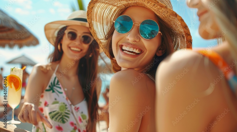 Happy beautiful women with sunglasses at sunny beach bar. summer vacation concept Happy beautiful women with sunglasses at sunny beach bar. summer vacation concept
