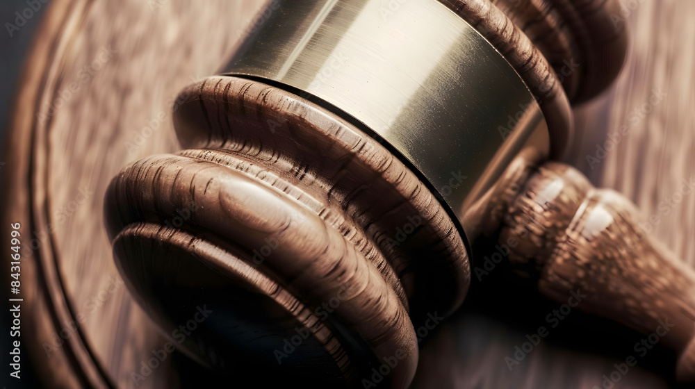 Close up of a wooden judge or auctioneers gavel with a brass band on a wooden base for delivering judgement Close up of a wooden judge or auctioneers gavel with a brass band on a wooden base for delivering judgement