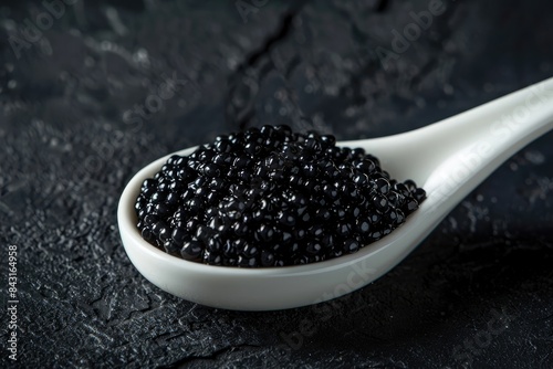 Black caviar in white spoon on black background with copy space, top view. Black st muddy water background. Gourmet food concept. ,copy space, High quality, +