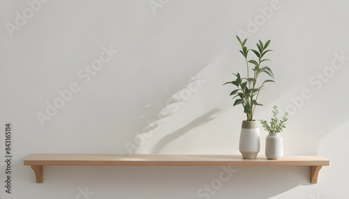   Clean Aesthetic Scandinavian style table   shelf with decorations. minimalist interior.