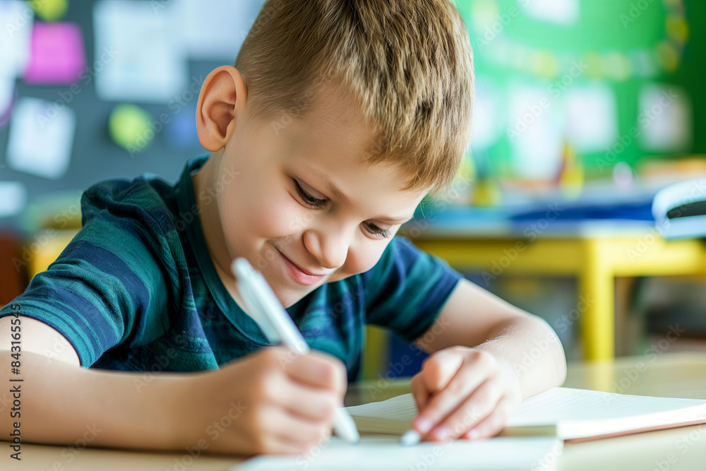 Soft portrait of a happy boy enthusiastically writing in a notebook during a lesson in elementary school, backlight and close-up of a schoolboy, space for a happy childhood concept Soft portrait of a happy boy enthusiastically writing in a notebook during a lesson in elementary school, backlight and close-up of a schoolboy, space for a happy childhood concept