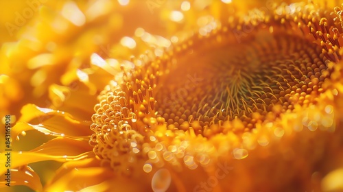 Sunflower in full bloom with bright yellow petals and a dark brown center. The flower is in focus, with a blurred background.