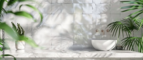 Blurred empty bathroom countertop mockup background with white wall and tiles  close up. Fresh spa or wellness interior design template