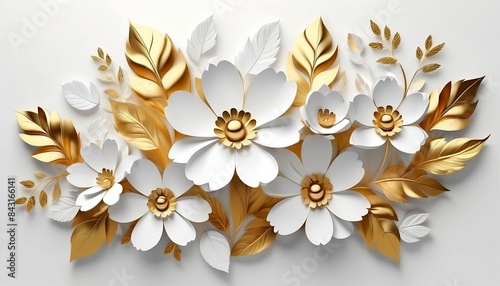 White flowers with golden leaves on white background. White and golden luxury 3d floral background created with generative ai 