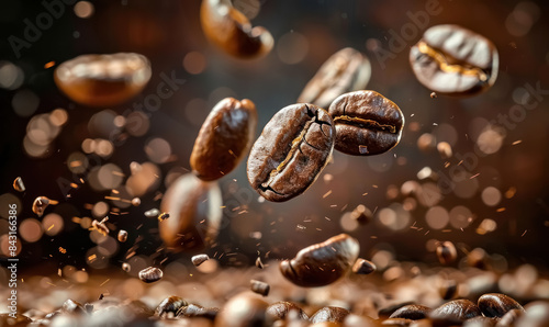 floating roasted coffee beans with dynamic motion on dark background