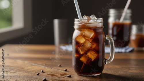 Detailed Shot of a Cold Brew Coffee with Ice Cubes and a Splash of Milk, Served in a Mason Jar with Striped Straw