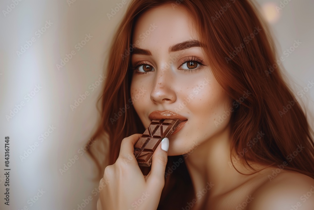 Beauty redhead woman taking a bite of a chocolate bar, white background Beauty redhead woman taking a bite of a chocolate bar, white background