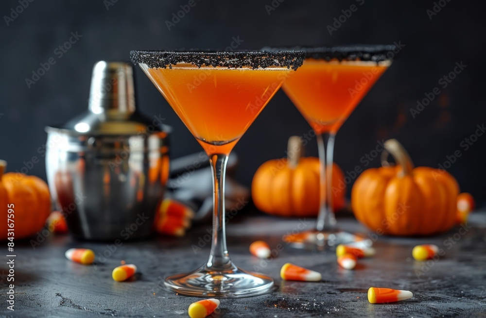 Two Pumpkin Spice Martinis With Black Sugar Rims and Candy Corn Two Pumpkin Spice Martinis With Black Sugar Rims and Candy Corn