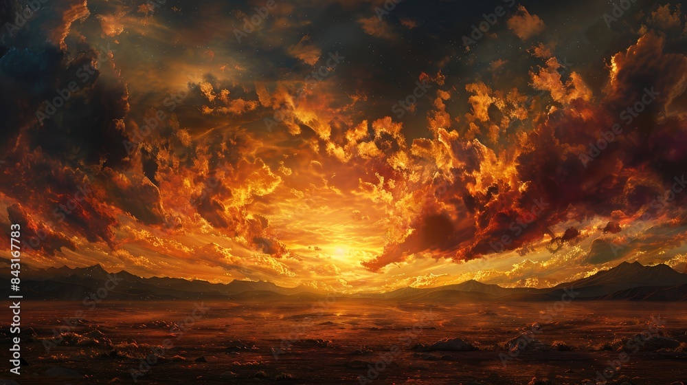 Fototapeta premium Scenic Landscape with Bright Sky and Dark Ground at Sunset