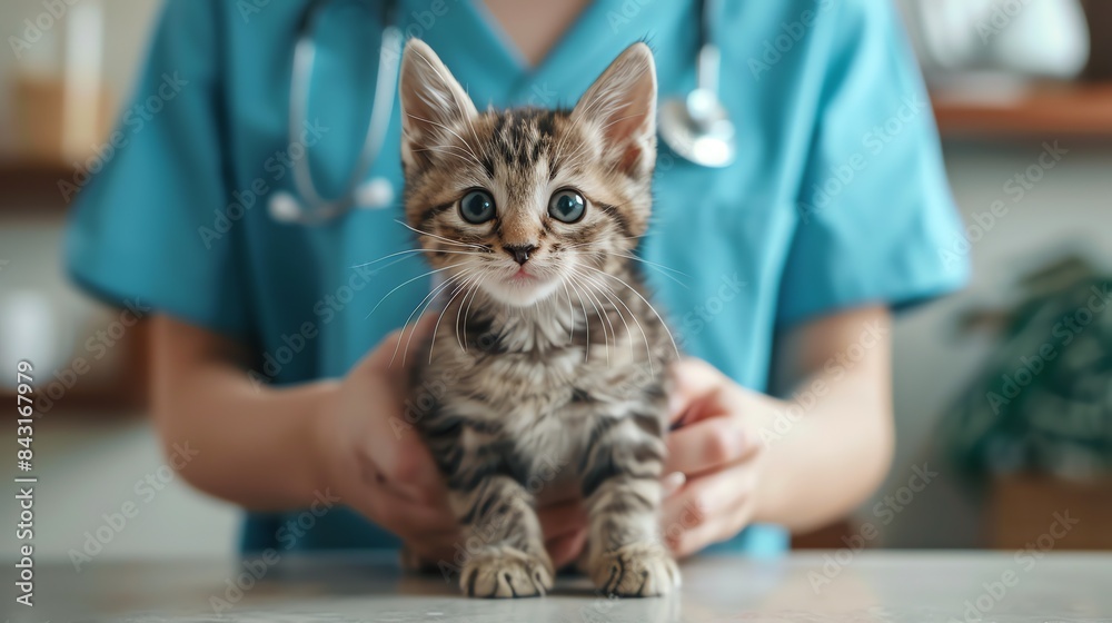 A veterinarian is holding a small kitten in her hands. The kitten is looking at the camera with big, round eyes. A veterinarian is holding a small kitten in her hands. The kitten is looking at the camera with big, round eyes.