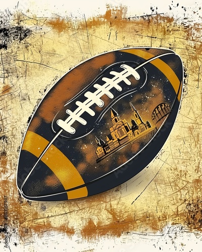 Artistic Football Design with Vivid New Orleans Cityscape Graphics on a Distressed Background of Vibrant Yellow and Black Tones photo