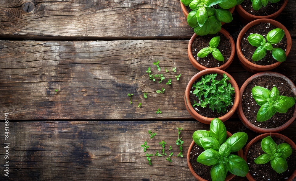 Fresh Basil Plants in Terracotta Pots on Rustic Wooden Table Fresh Basil Plants in Terracotta Pots on Rustic Wooden Table