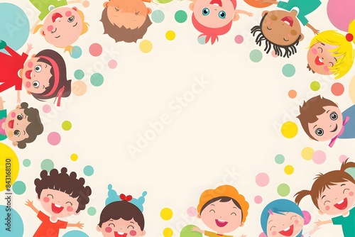 Circle of children with colorful decorations on white background. Children's party and celebration concept. Illustration for greeting card and invitation with copy space