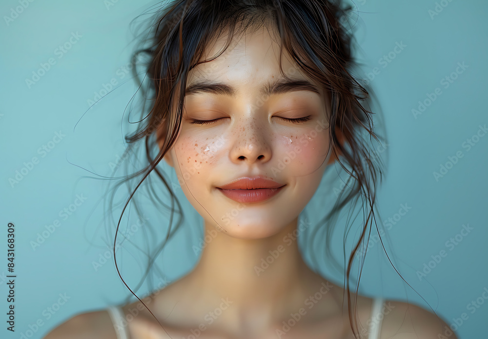 beautiful Japanese woman her eye closed enjoying moment of air freshening skin care front of isolated light blue background She wearing white tank top straight hair tied back focus should capturing beautiful Japanese woman her eye closed enjoying moment of air freshening skin care front of isolated light blue background She wearing white tank top straight hair tied back focus should capturing