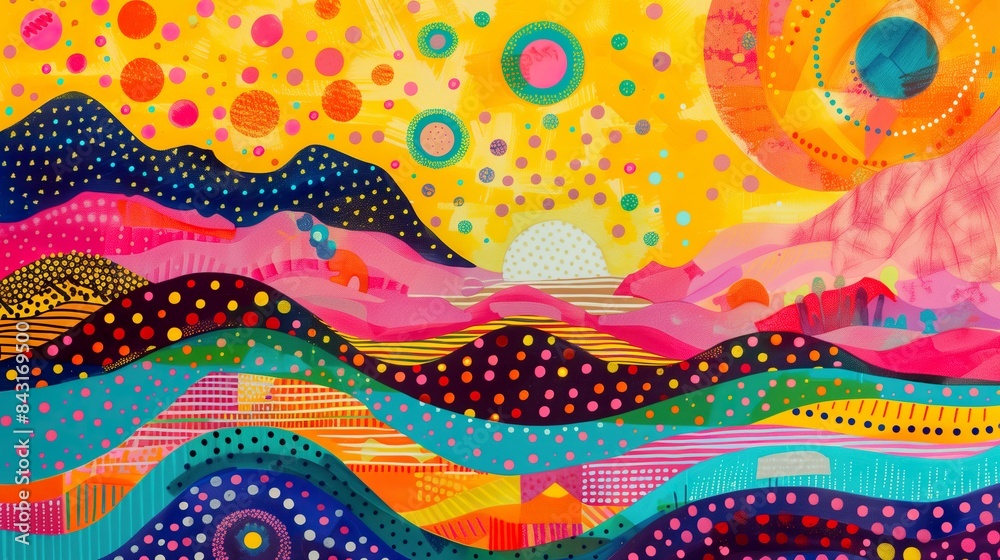 Colorful Landscape with Vibrant Circles, Dots, and Zigzag Lines on a Bright Background