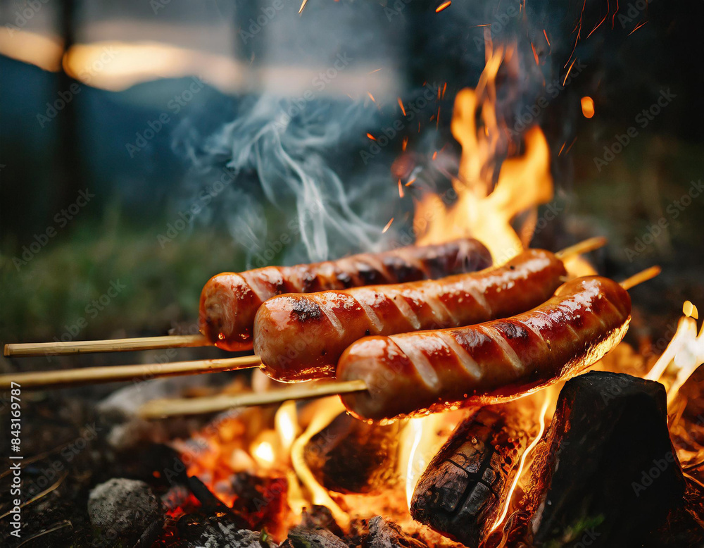 Fototapeta premium Kiełbasy smażone na kiju na ognisku