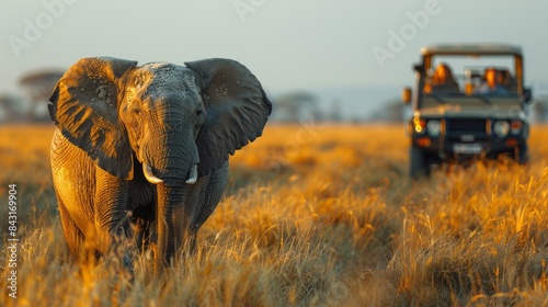 tourists in a safari vehicle observe wildlife