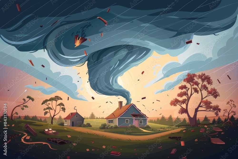 A powerful tornado sweeps across a countryside landscape, uprooting trees and lifting debris into the air, ravaging peaceful farmland A powerful tornado sweeps across a countryside landscape, uprooting trees and lifting debris into the air, ravaging peaceful farmland