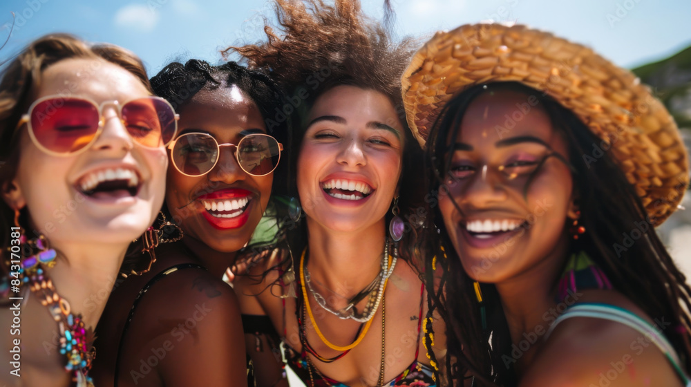 Group of happy multiracial women having fun outdoors. Beautiful girlfriends spend time together on a sunny day. Lifestyle. Group of happy multiracial women having fun outdoors. Beautiful girlfriends spend time together on a sunny day. Lifestyle.