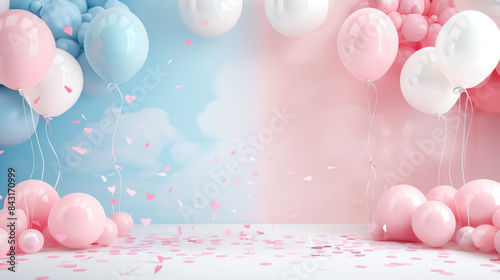 gender reveal party background with blue and pink balloons and hearts