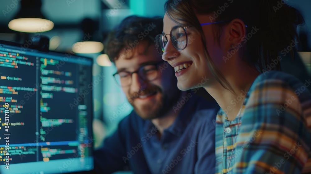 Business people, code with partnership and IT with laptop for coding, collaboration, and overlay. Software development, team, lady in office, note-taking, meeting Business people, code with partnership and IT with laptop for coding, collaboration, and overlay. Software development, team, lady in office, note-taking, meeting
