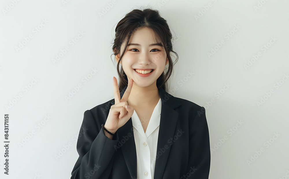 beautiful Japanese woman her early mid twenty upturned smile wearing business casual standing upright against white background while making peace sign one hand She smiling directly ahead me giving beautiful Japanese woman her early mid twenty upturned smile wearing business casual standing upright against white background while making peace sign one hand She smiling directly ahead me giving