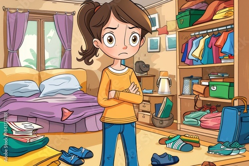 A cartoon illustration of a concerned young girl standing in a chaotic, untidy room full of clothes and objects