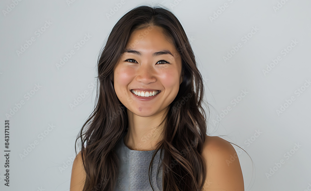 beautiful Japanese woman long hair brown eye smile camera wearing gray sleeveless top She clear skin without any blemish her face background white Her head tilted slightly up show off her profile beautiful Japanese woman long hair brown eye smile camera wearing gray sleeveless top She clear skin without any blemish her face background white Her head tilted slightly up show off her profile