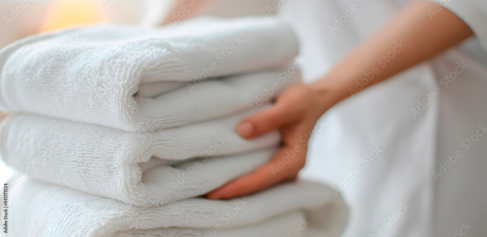 Fototapeta premium Close-up of hands holding clean white towels, neatly folded, suitable for marketing hotel services, promoting high-quality washing powders and advertising household and wellness products,