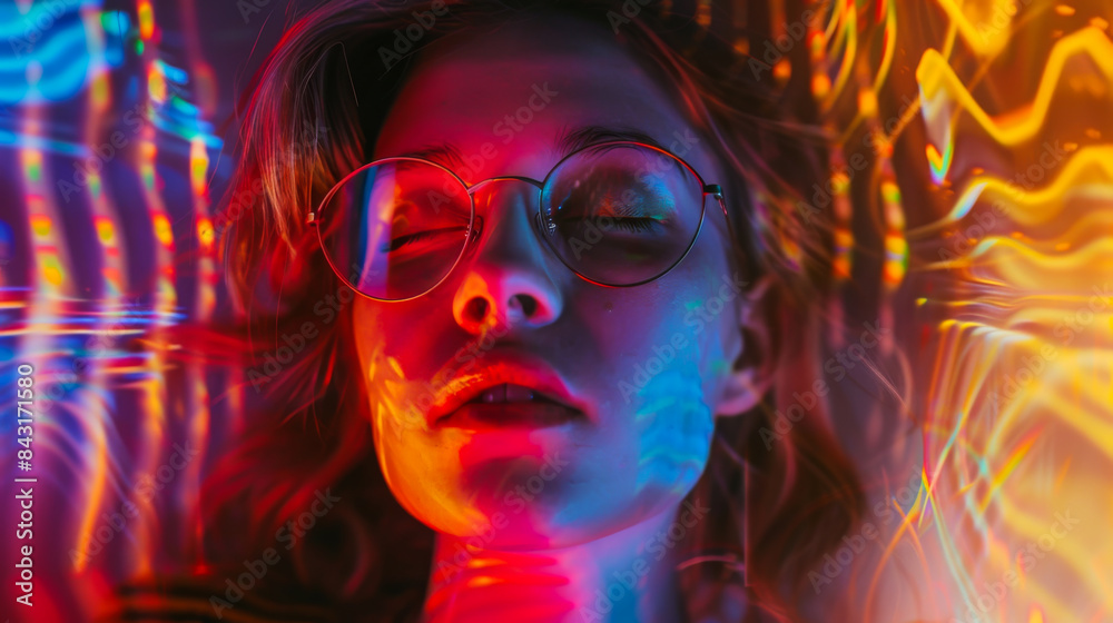 Close-up of a young woman in glasses with her eyes closed posing against a bright neon background. Beautiful woman relaxing indoors. Lifestyle. Close-up of a young woman in glasses with her eyes closed posing against a bright neon background. Beautiful woman relaxing indoors. Lifestyle.
